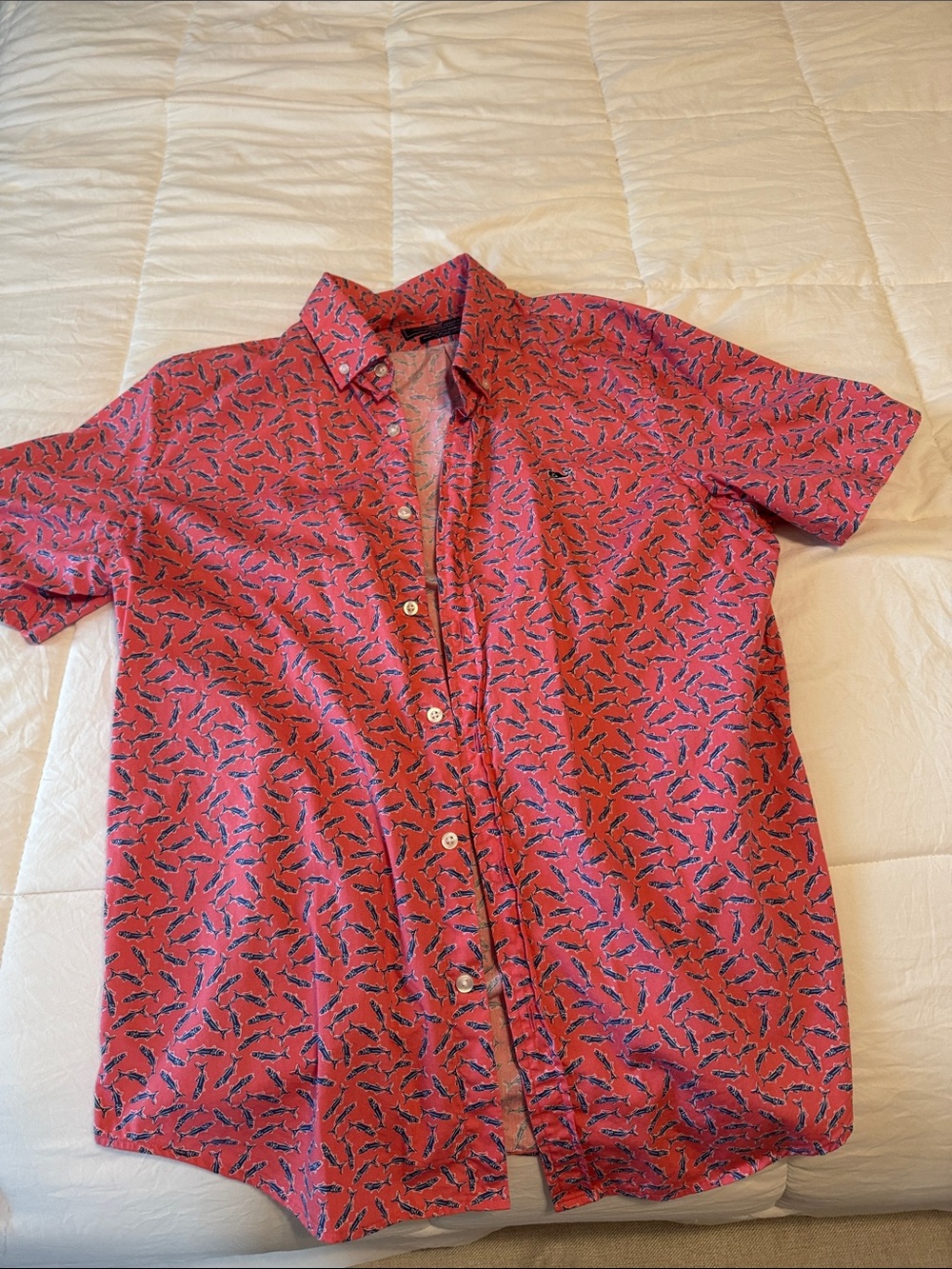Vineyard Vines Red Short-Sleeve Button-Down with Blue Leaf Print